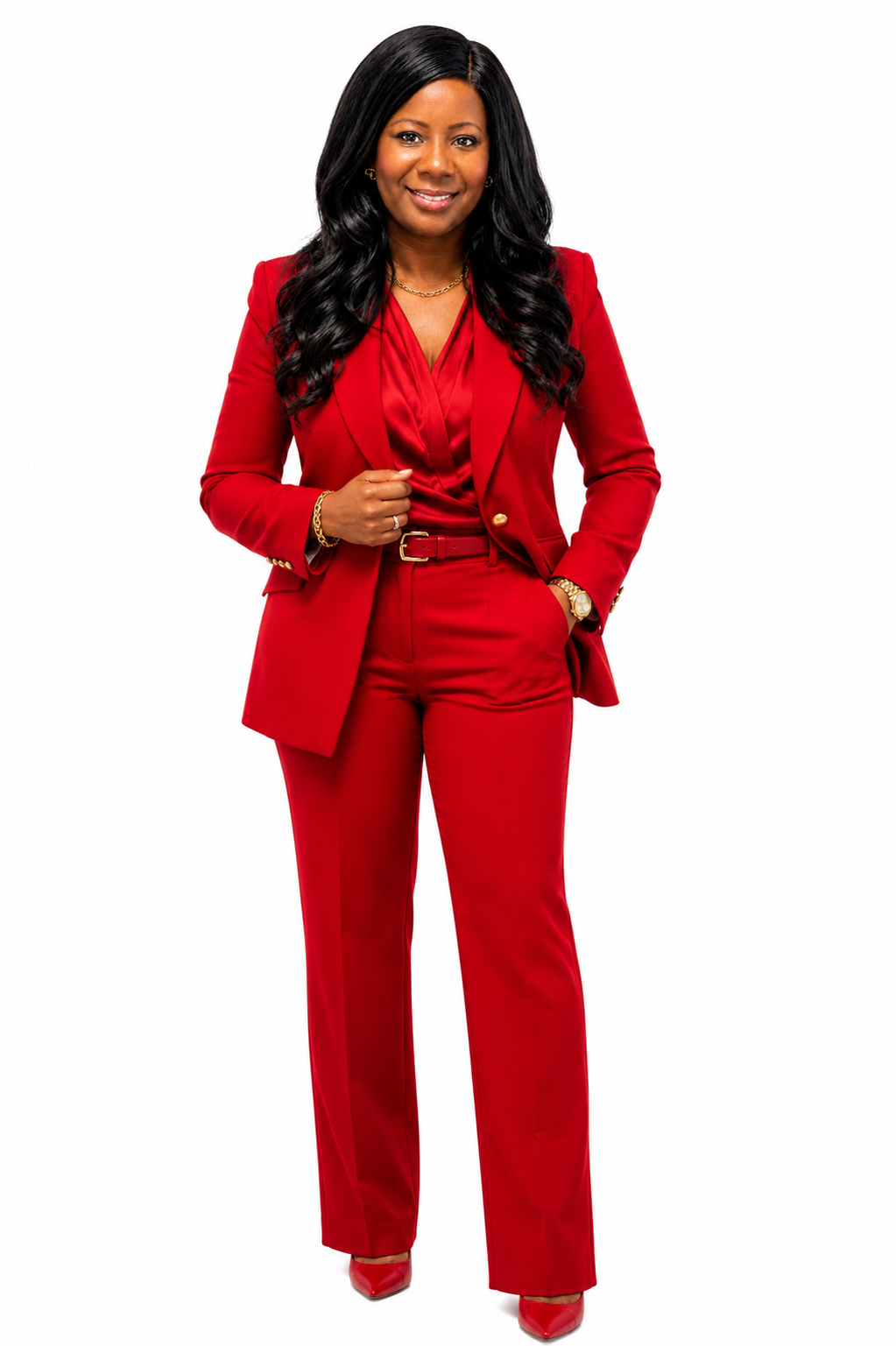Ruth Dorsainville-Hulse in a red suit