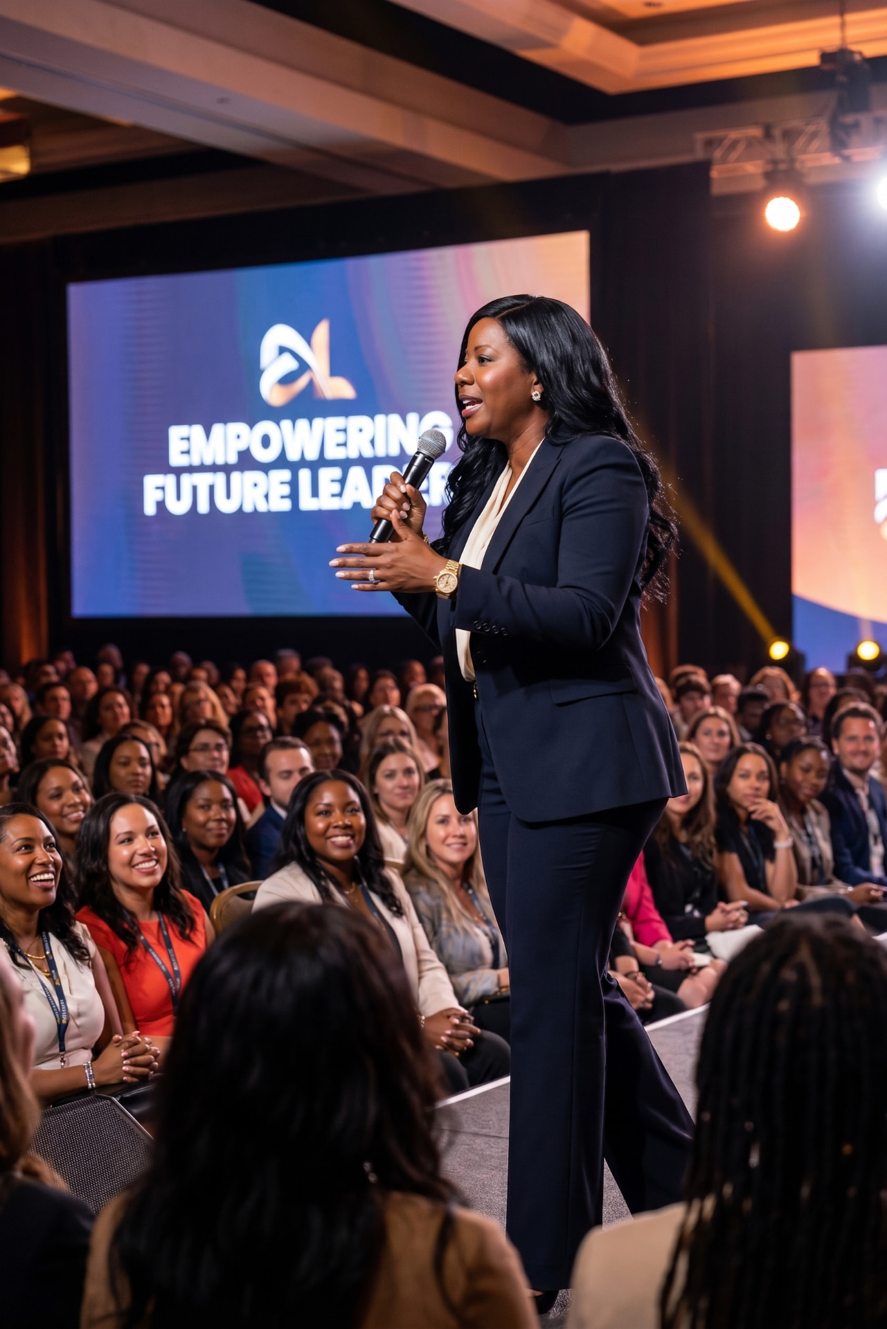 Ruth Dorsainville-Hulse speaking on stage to a large audience