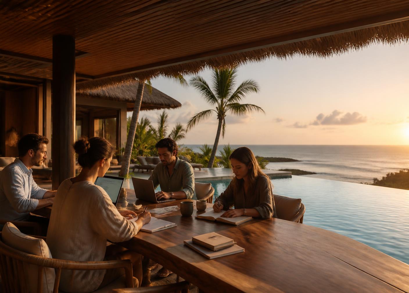 Small group working at an open-air retreat villa overlooking the ocean